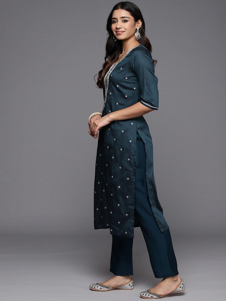 Blue Embroidered Silk Blend Straight Kurta With Trousers & Dupatta - Libas