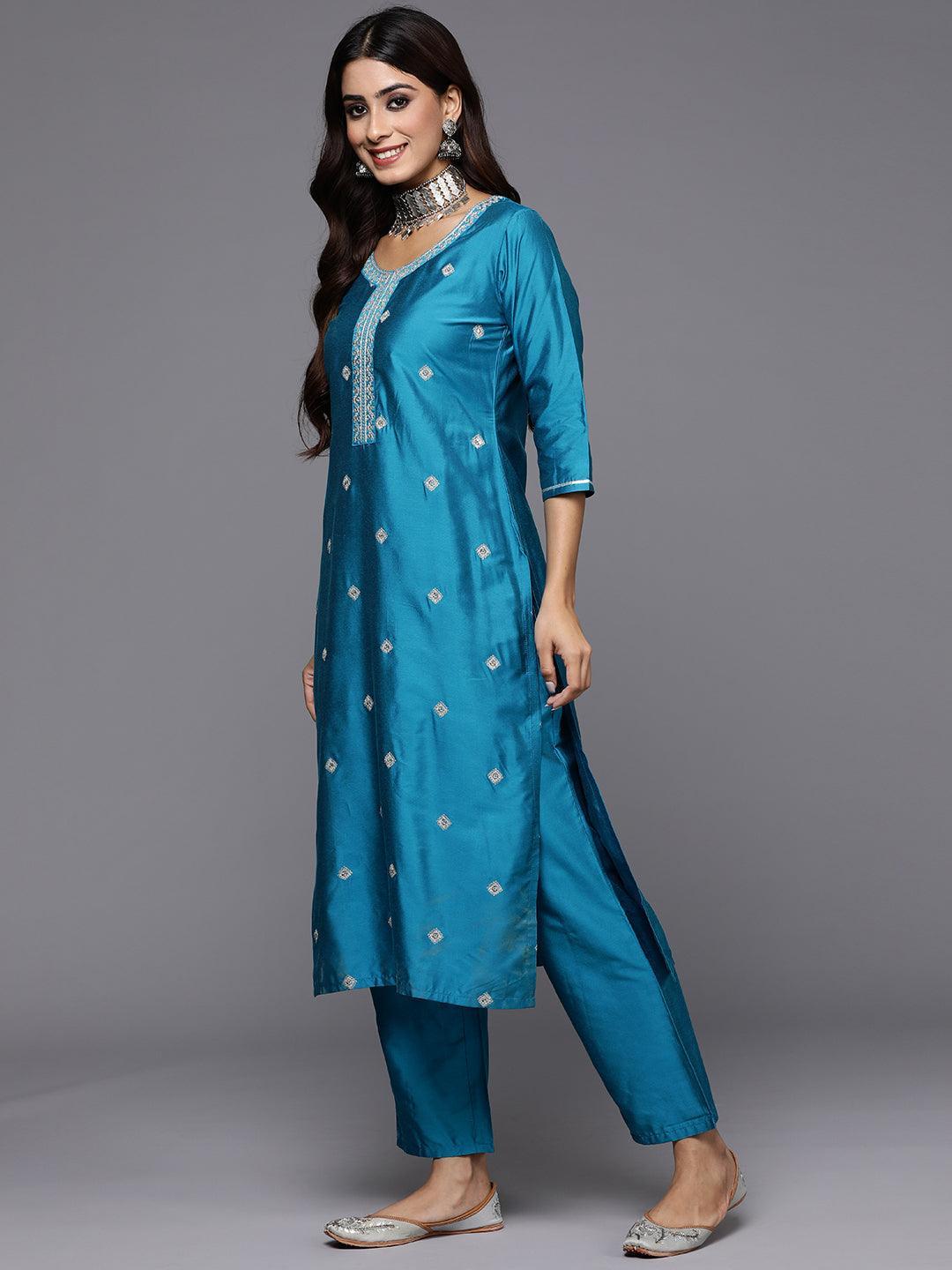 Blue Embroidered Silk Blend Straight Suit With Dupatta