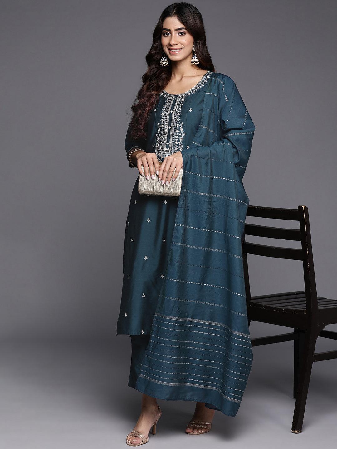 Blue Embroidered Silk Blend Straight Suit With Dupatta