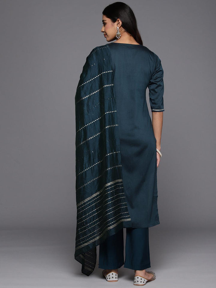 Blue Embroidered Silk Blend Straight Kurta With Trousers & Dupatta - Libas