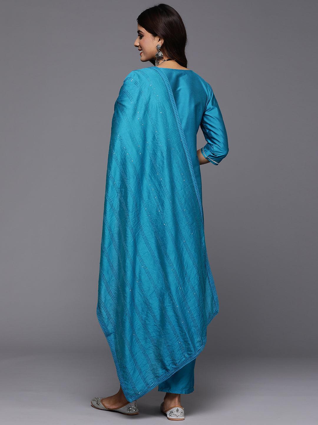 Blue Embroidered Silk Blend Straight Kurta With Trousers & Dupatta - Libas