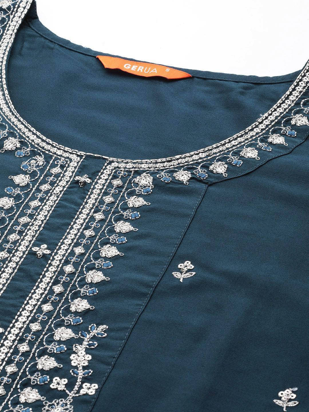 Blue Embroidered Silk Blend Straight Suit With Dupatta