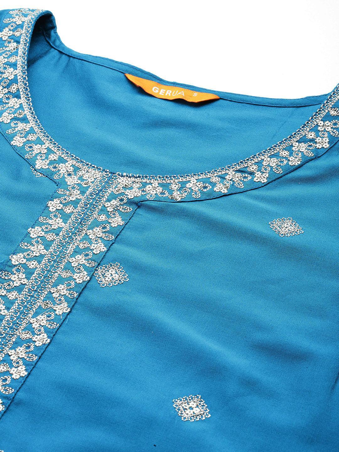 Blue Embroidered Silk Blend Straight Suit With Dupatta