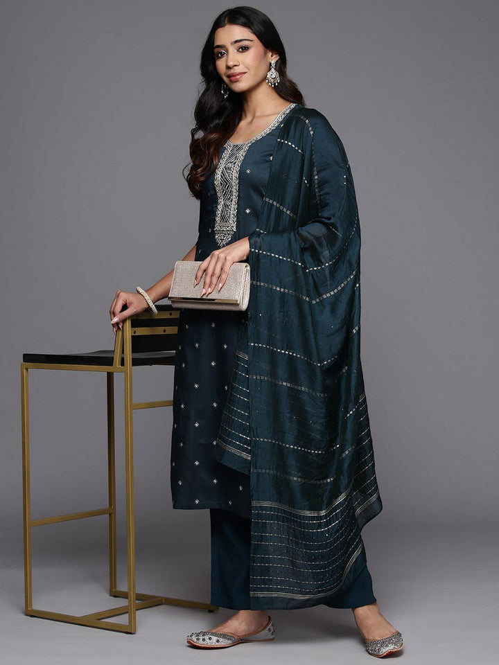 Blue Embroidered Silk Blend Straight Kurta With Trousers & Dupatta - Libas