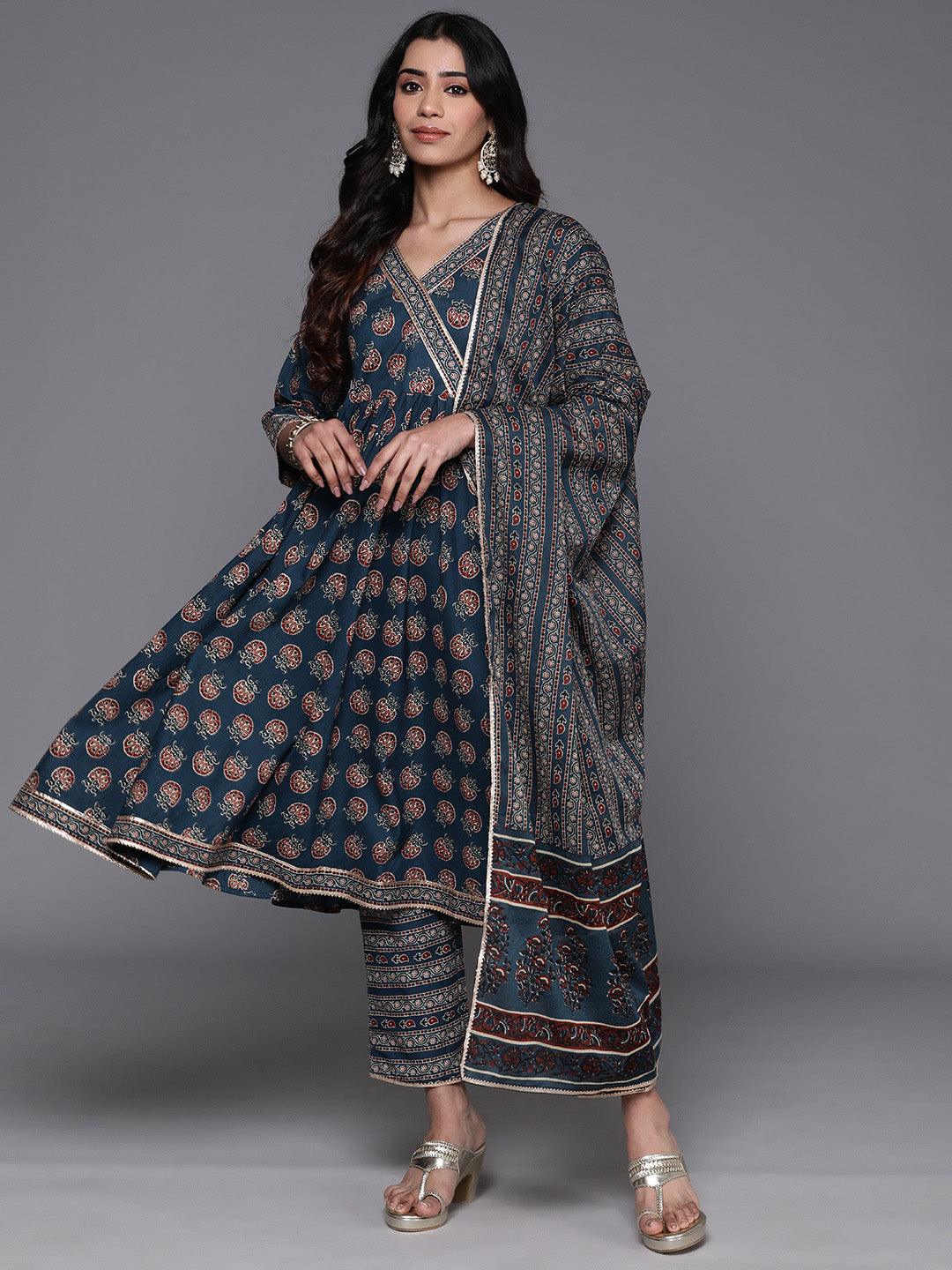 Blue Printed Cotton Anarkali Suit With Dupatta