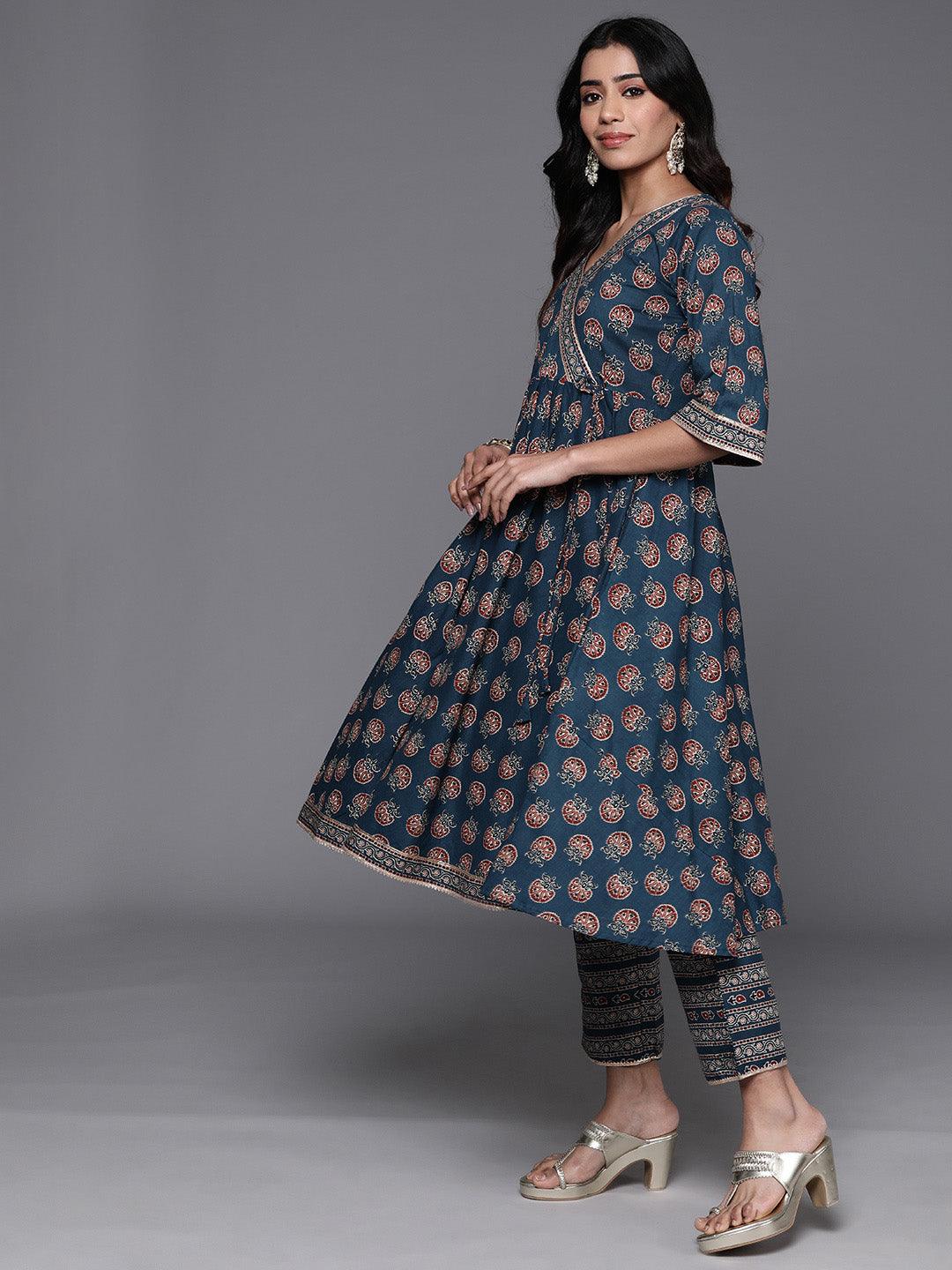 Blue Printed Cotton Anarkali Suit With Dupatta