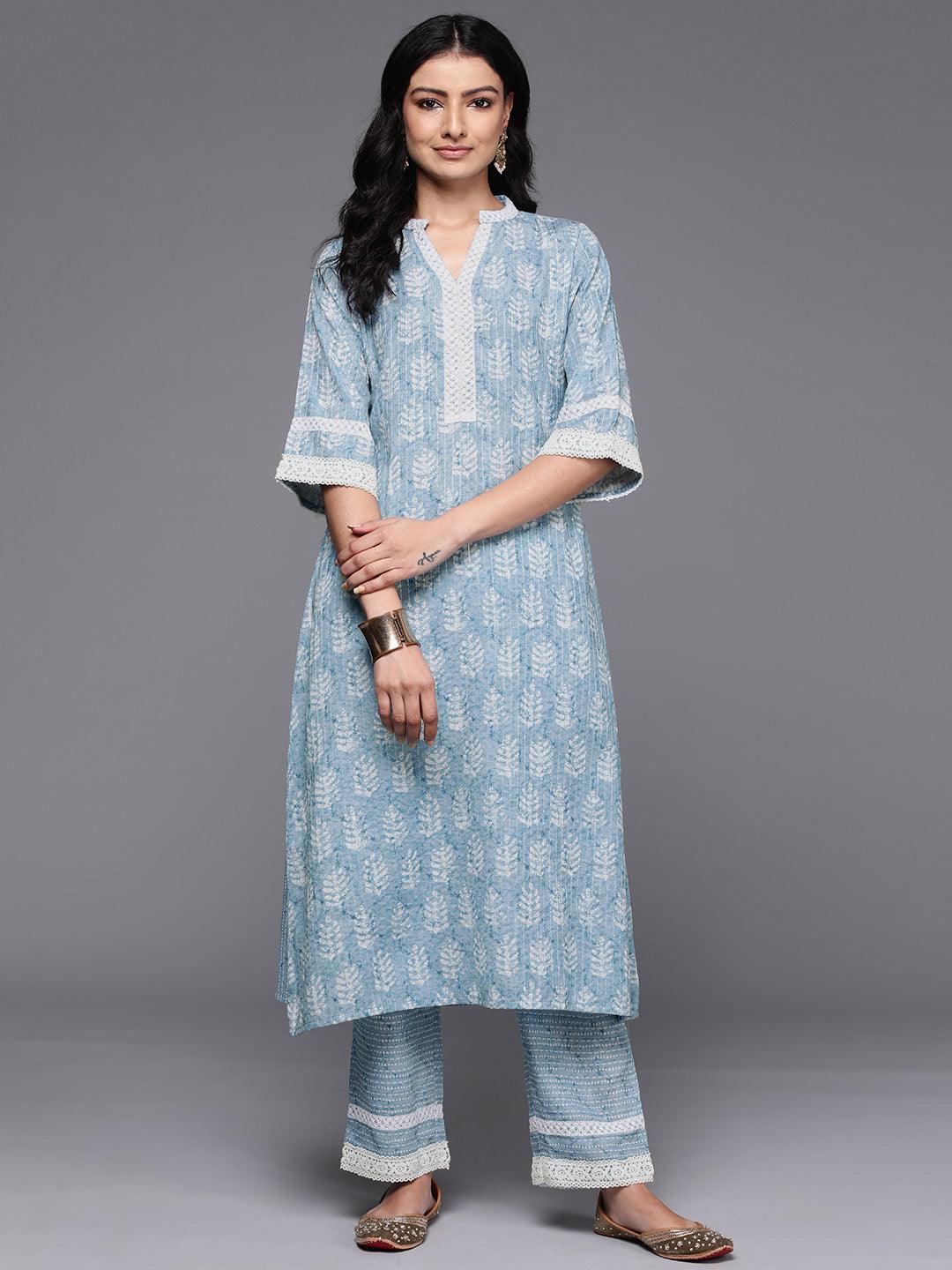 Blue Printed Cotton Blend A-Line Kurta With Trousers