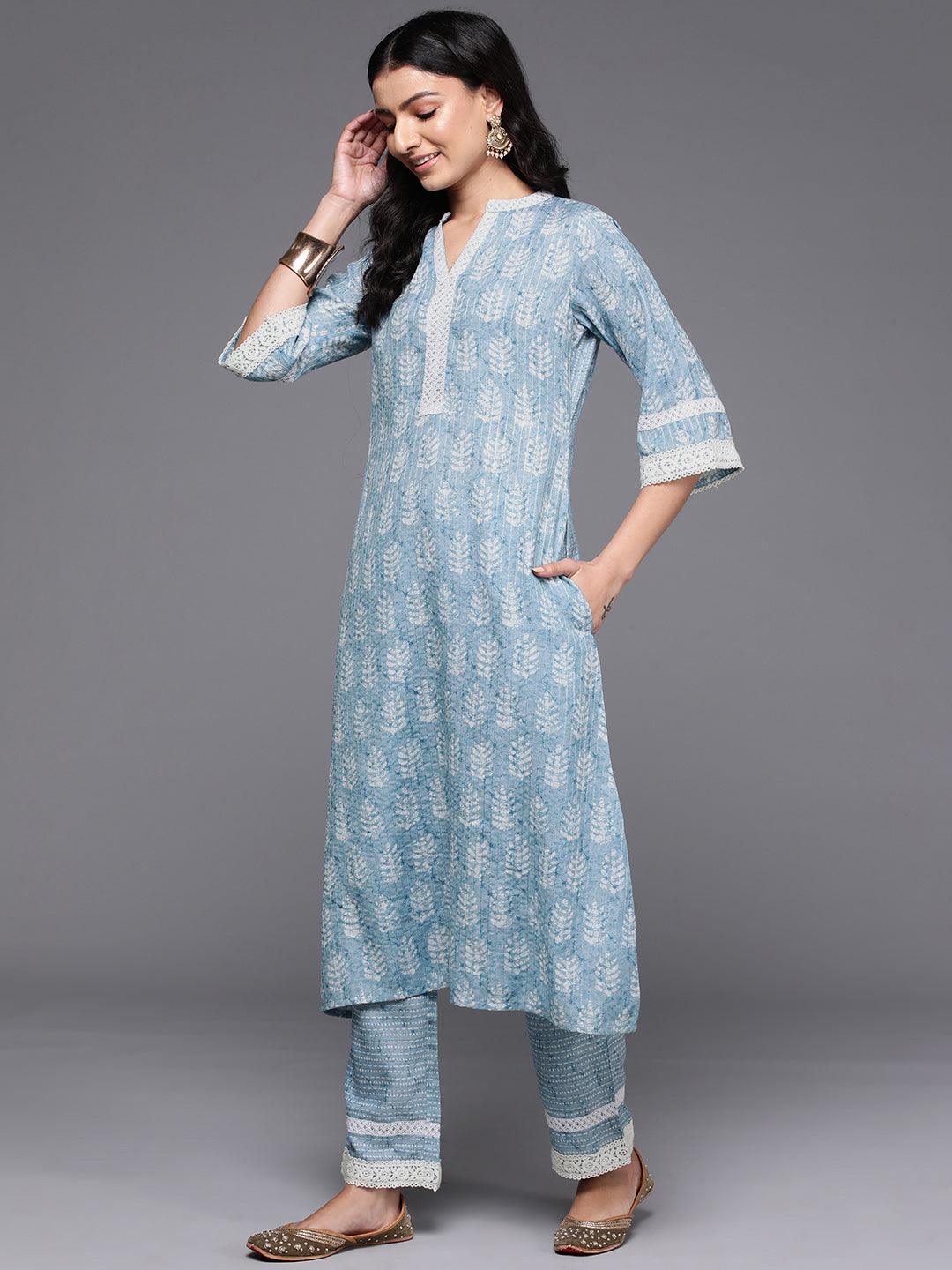 Blue Printed Cotton Blend A-Line Kurta With Trousers