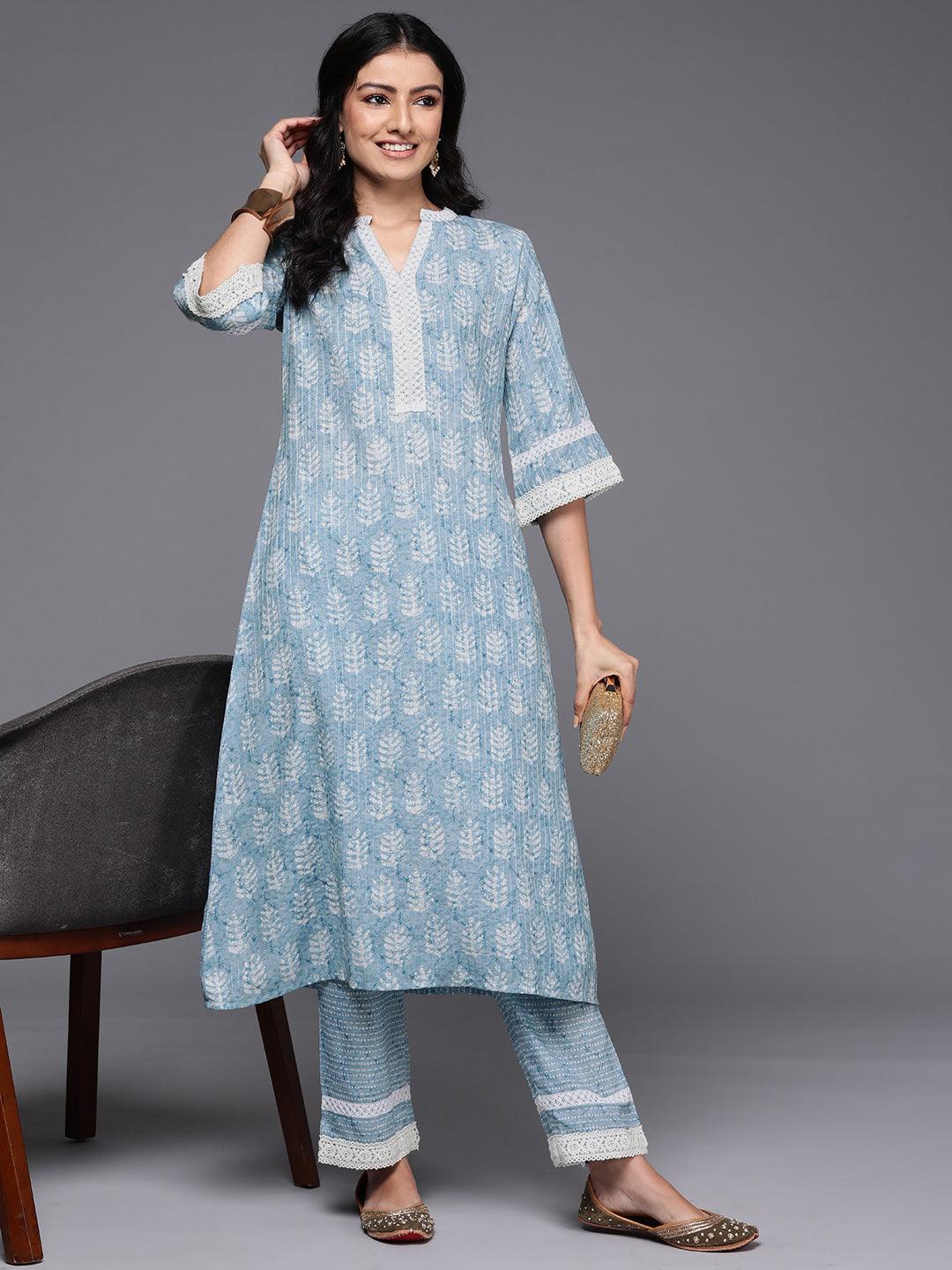 Blue Printed Cotton Blend A-Line Kurta With Trousers - ShopLibas