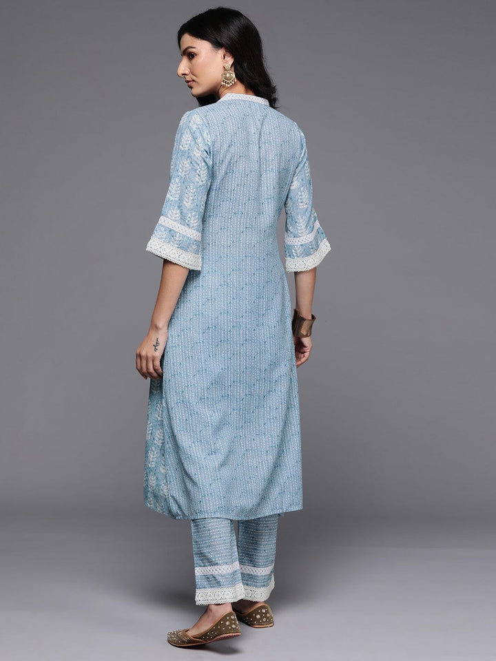 Blue Printed Cotton Blend A-Line Kurta With Trousers - ShopLibas