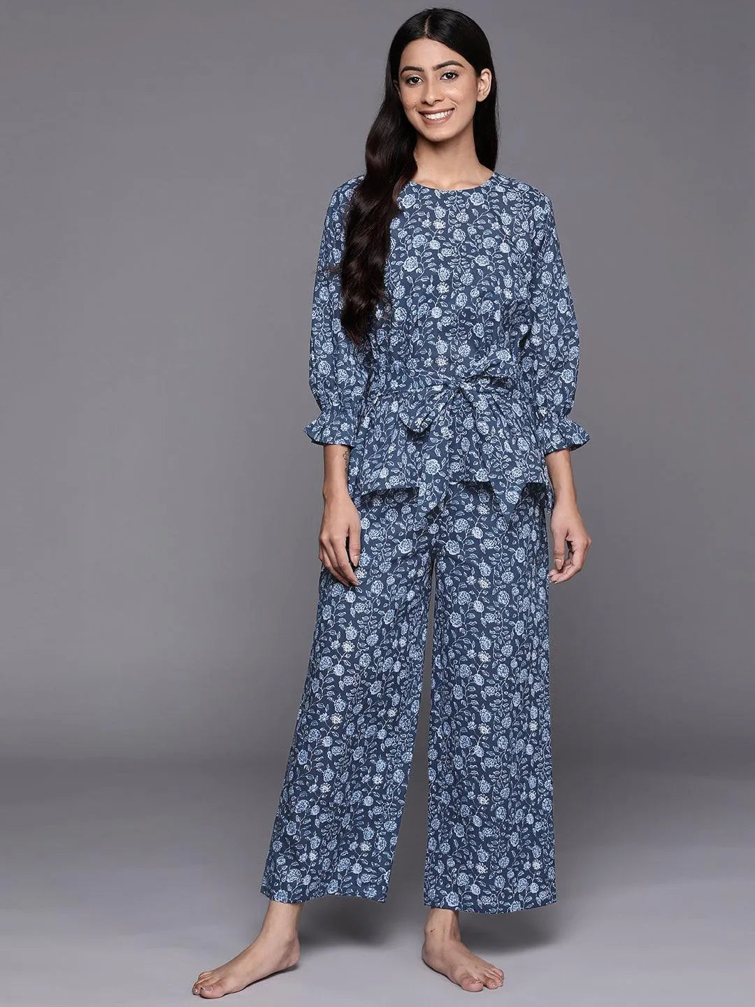 Blue Printed Cotton Night Suit