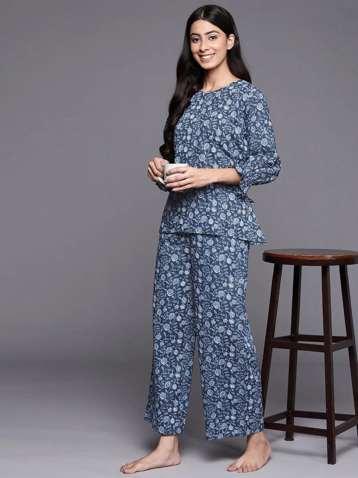 Blue Printed Cotton Night Suit - ShopLibas