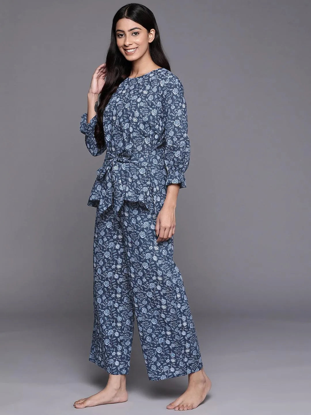 Blue Printed Cotton Night Suit