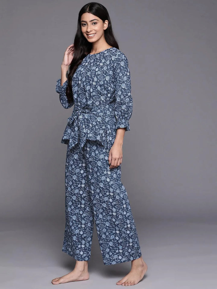 Blue Printed Cotton Night Suit - ShopLibas