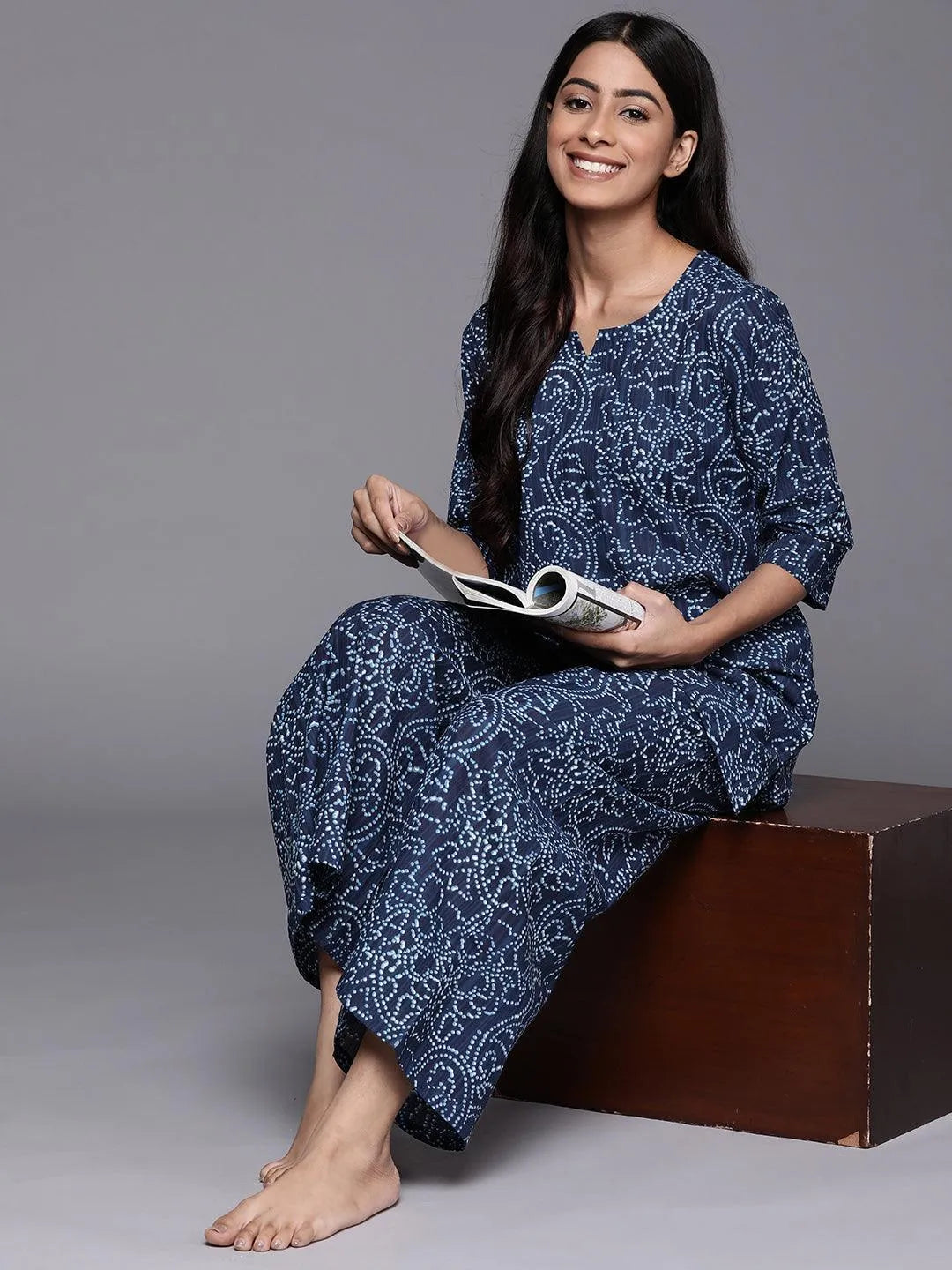 Blue Printed Cotton Night Suit - Libas