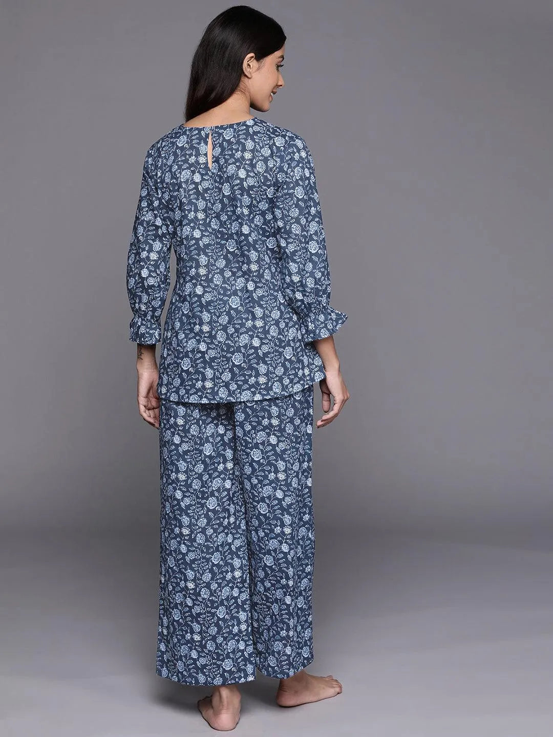 Blue Printed Cotton Night Suit - ShopLibas