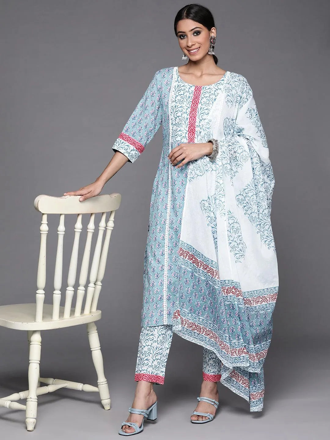 Blue Printed Cotton Suit Set - ShopLibas