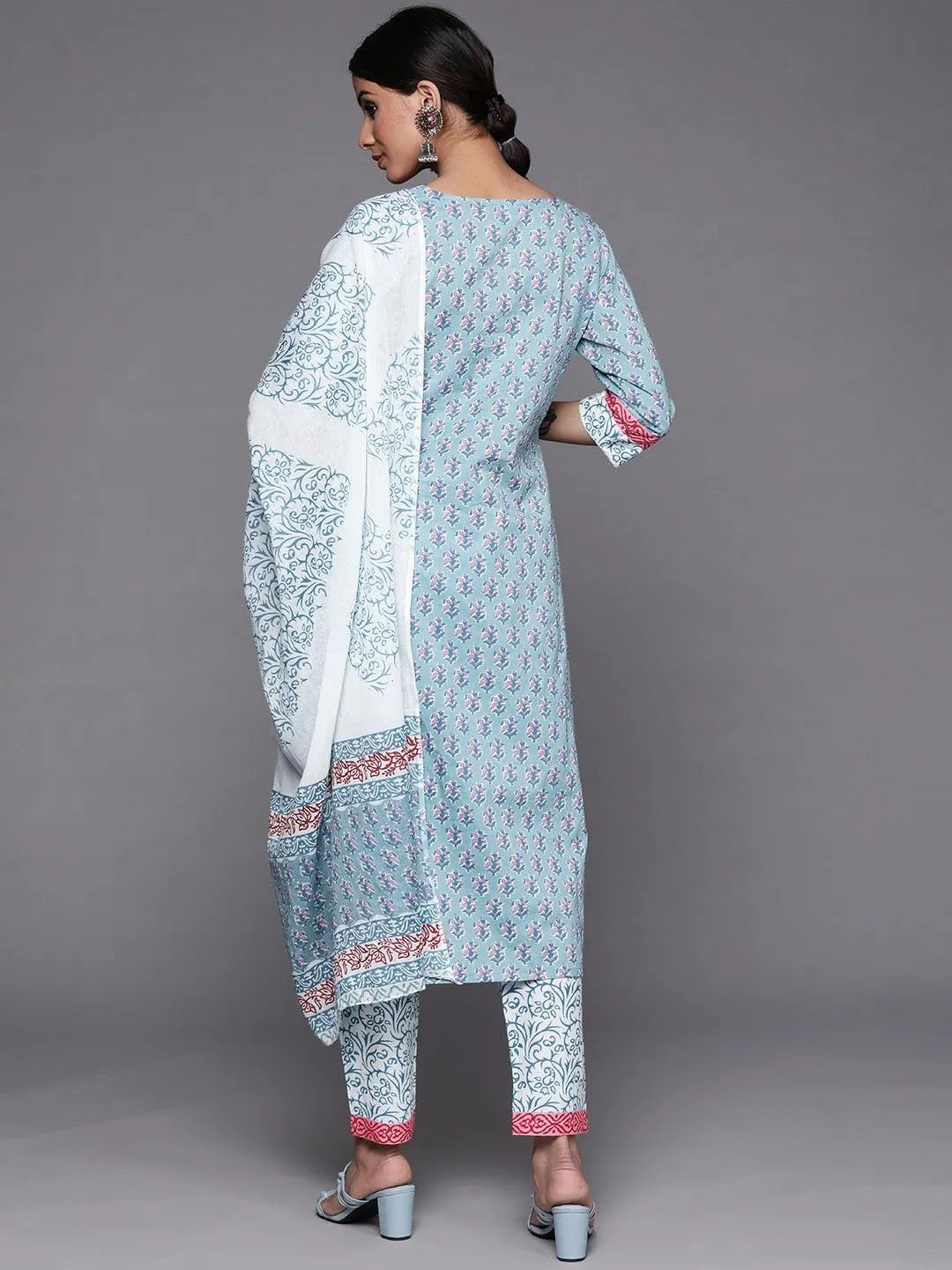 Blue Printed Cotton Straight Suit With Dupatta