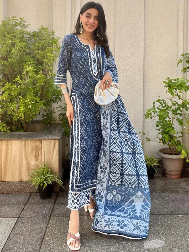 Blue Printed Cotton Straight Suit Set - ShopLibas