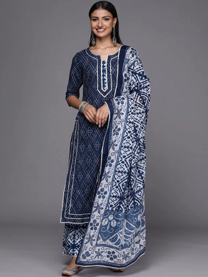 Blue Printed Cotton Straight Suit Set - ShopLibas