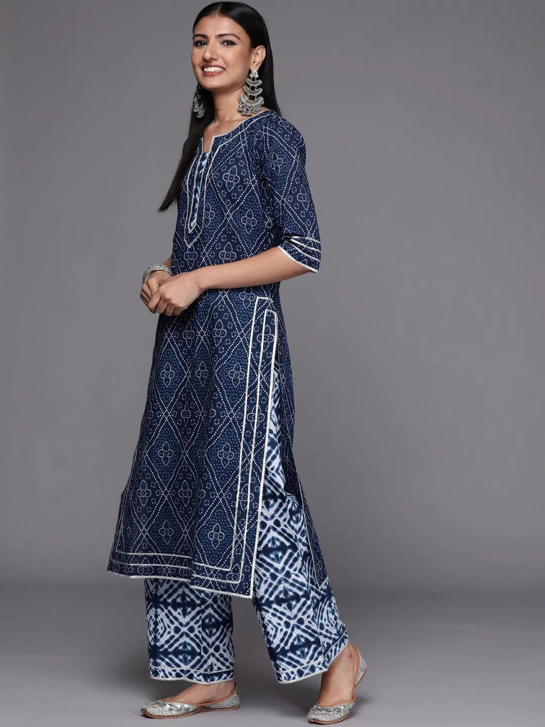 Blue Printed Cotton Straight Suit Set - ShopLibas