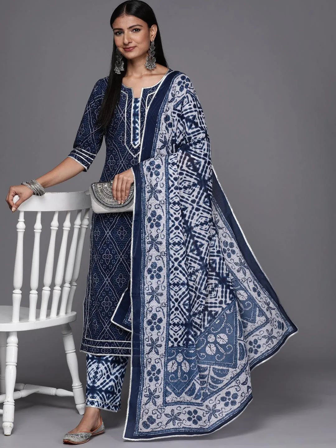 Blue Printed Cotton Straight Suit Set - ShopLibas