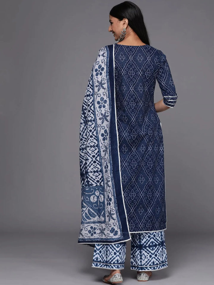 Blue Printed Cotton Straight Suit Set - ShopLibas