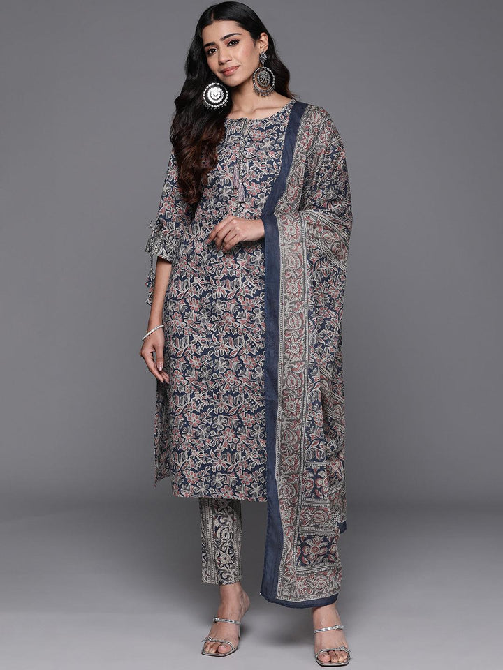 Blue Printed Cotton Straight Kurta With Trousers & Dupatta - ShopLibas