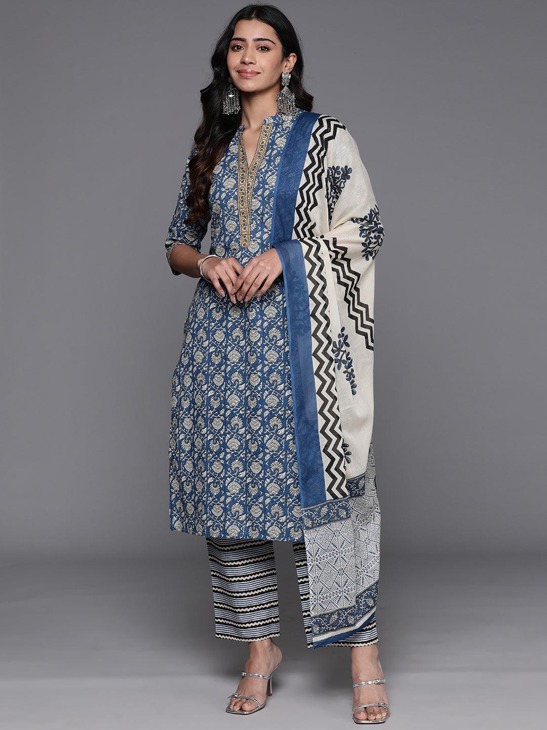 Blue Printed Cotton Straight Suit With Dupatta