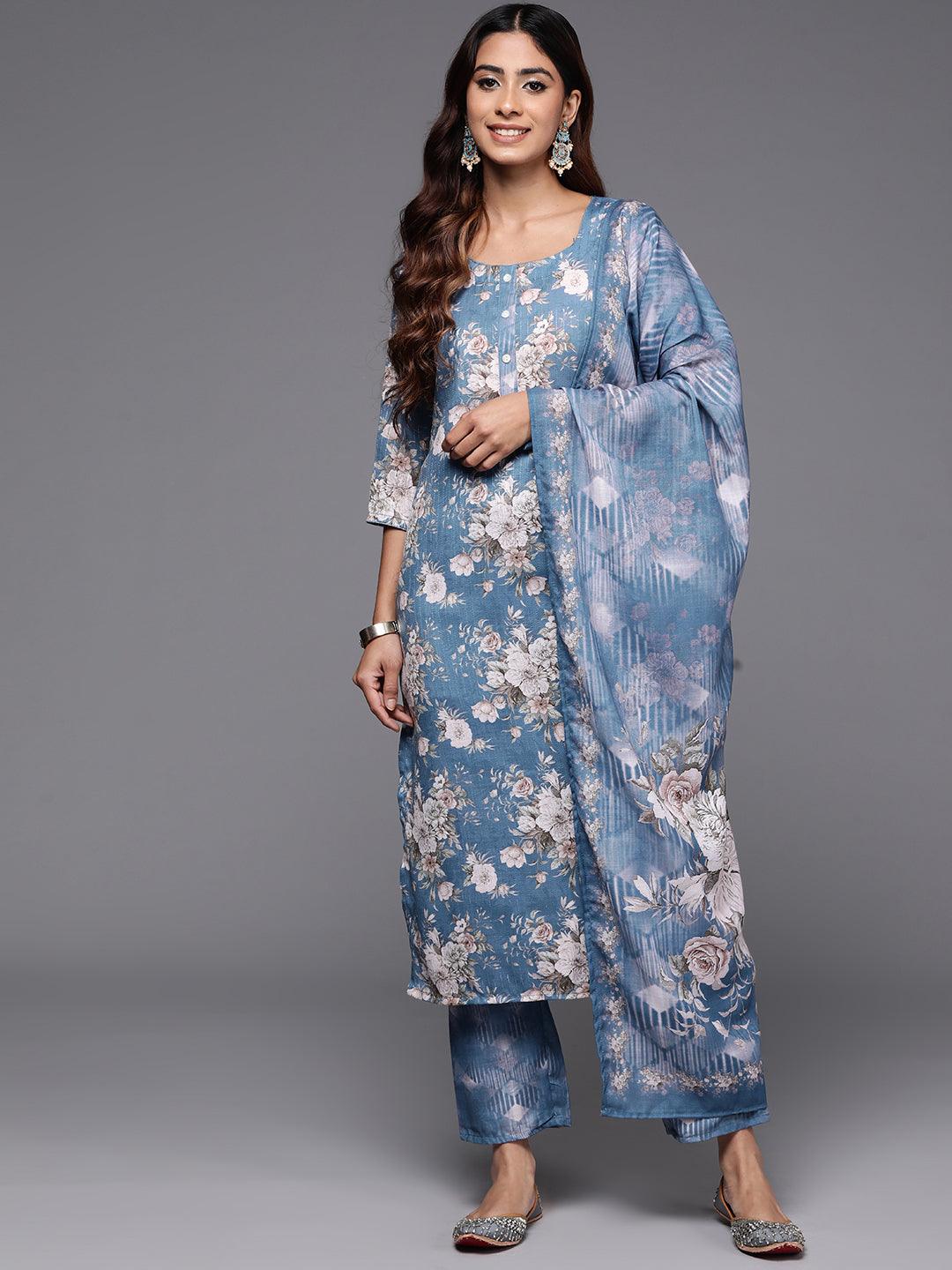 Blue Printed Cotton Straight Suit With Dupatta