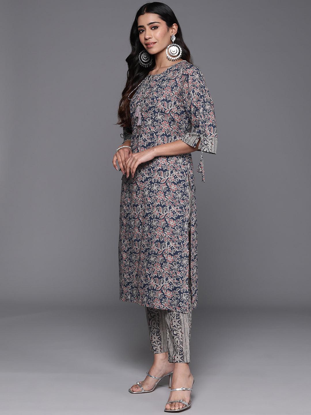 Blue Printed Cotton Straight Kurta With Trousers & Dupatta - ShopLibas