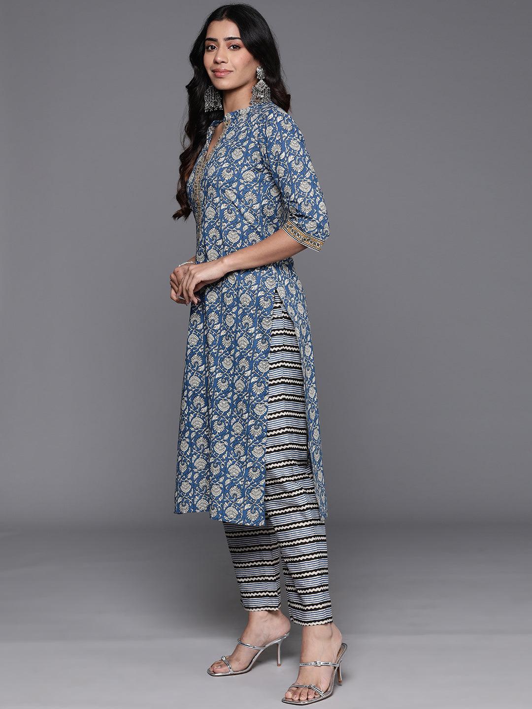 Blue Printed Cotton Straight Suit With Dupatta