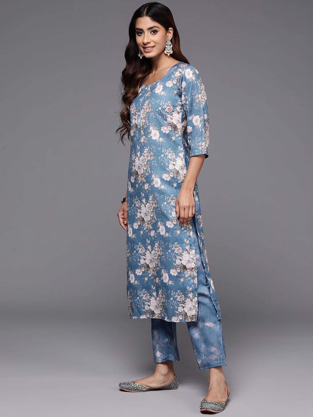 Blue Printed Cotton Straight Suit With Dupatta