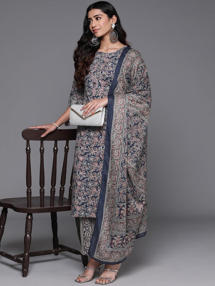 Blue Printed Cotton Straight Kurta With Trousers & Dupatta - ShopLibas