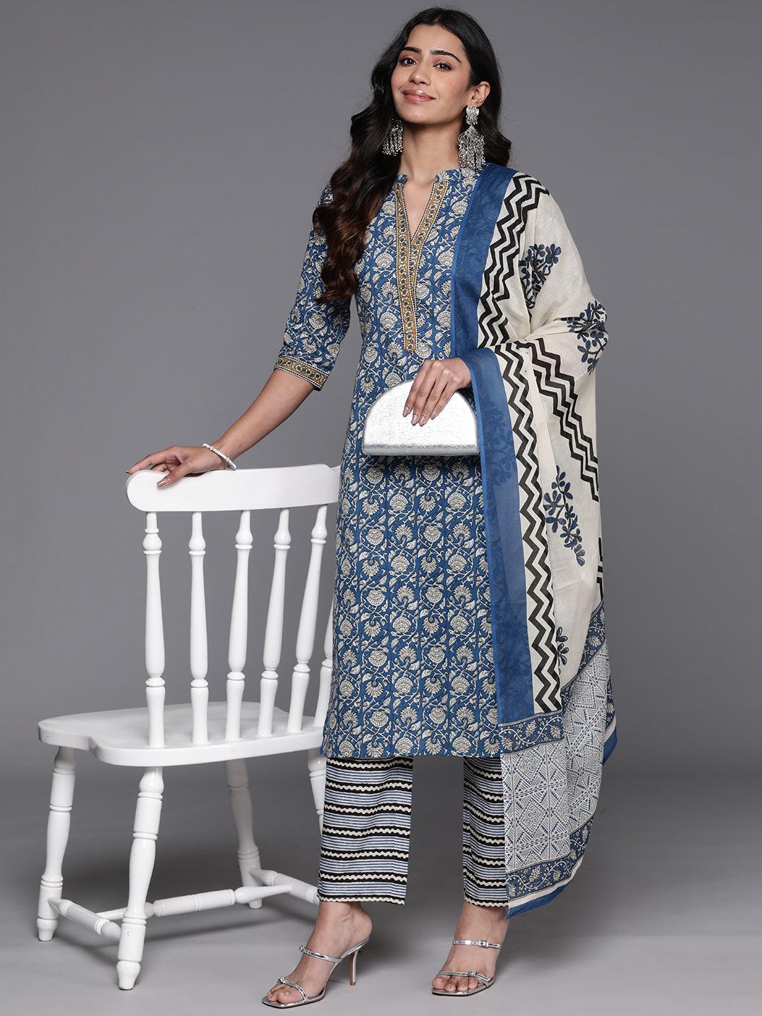 Blue Printed Cotton Straight Suit With Dupatta