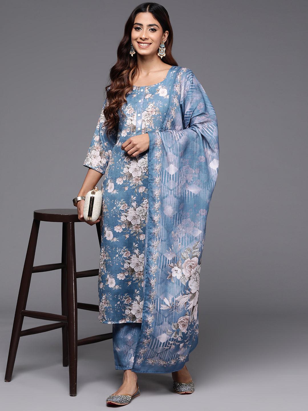 Blue Printed Cotton Straight Suit With Dupatta