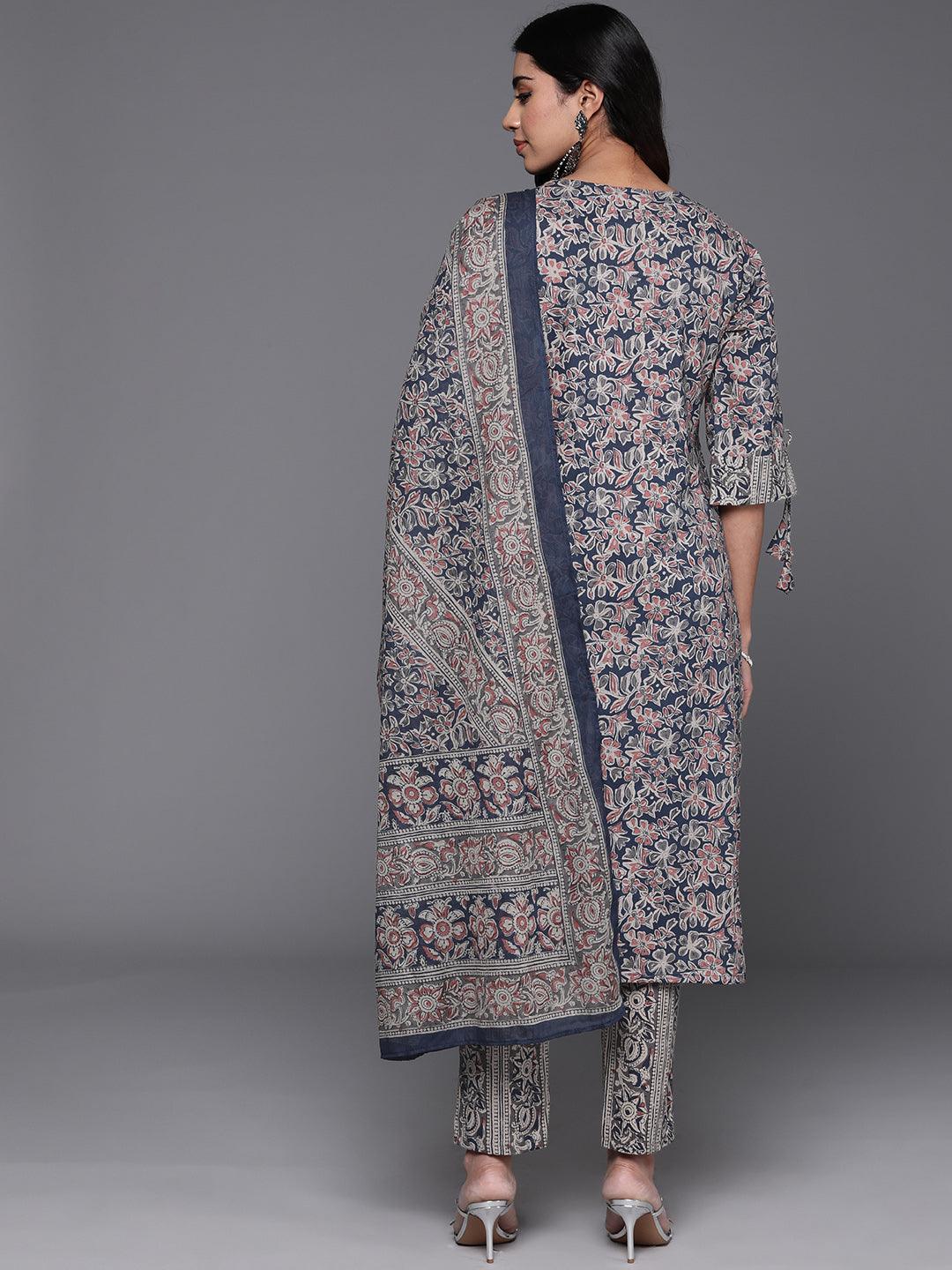 Blue Printed Cotton Straight Kurta With Trousers & Dupatta - ShopLibas