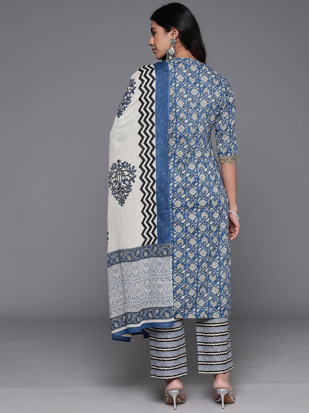 Blue Printed Cotton Straight Suit With Dupatta