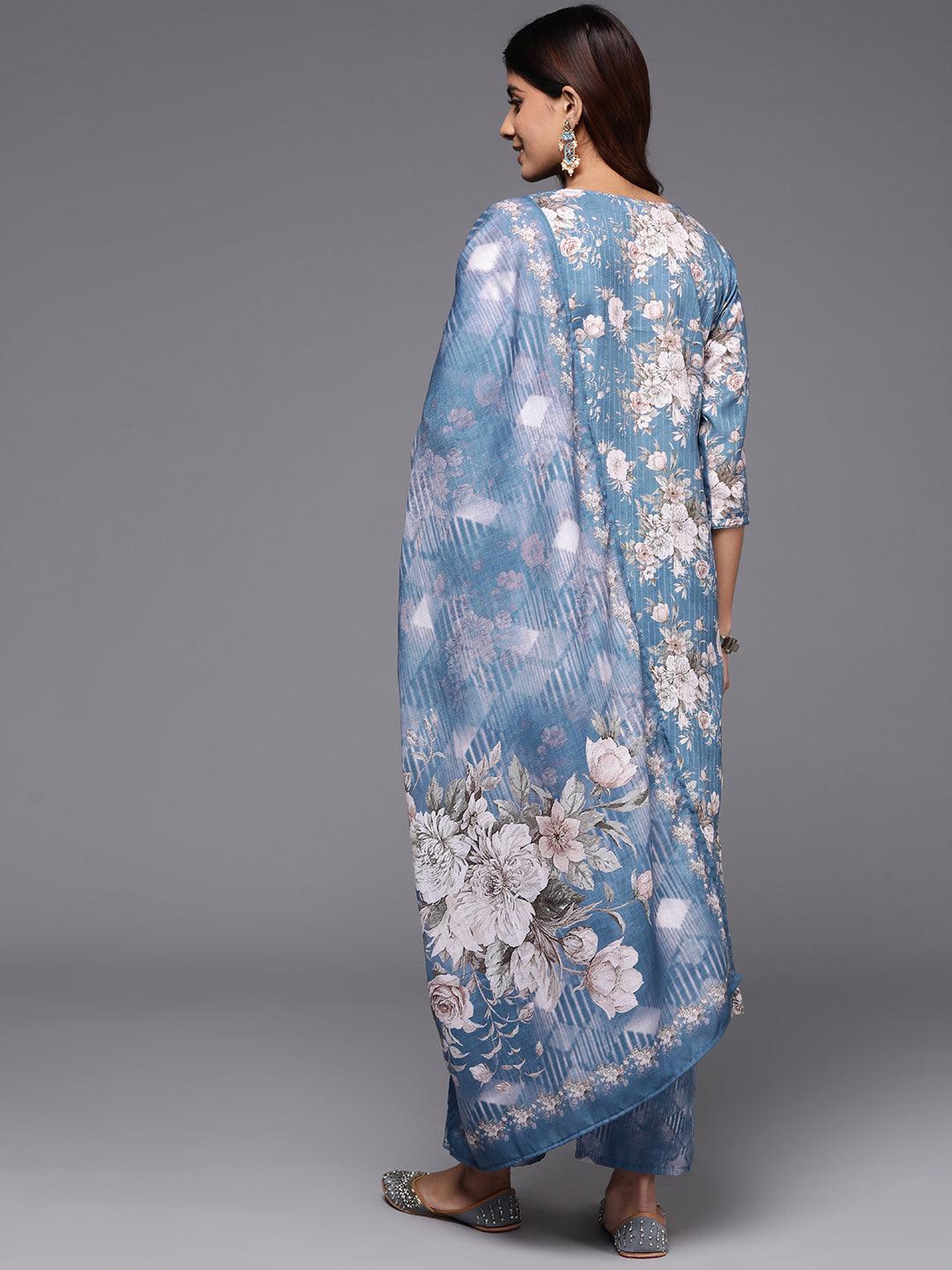 Blue Printed Cotton Straight Suit With Dupatta