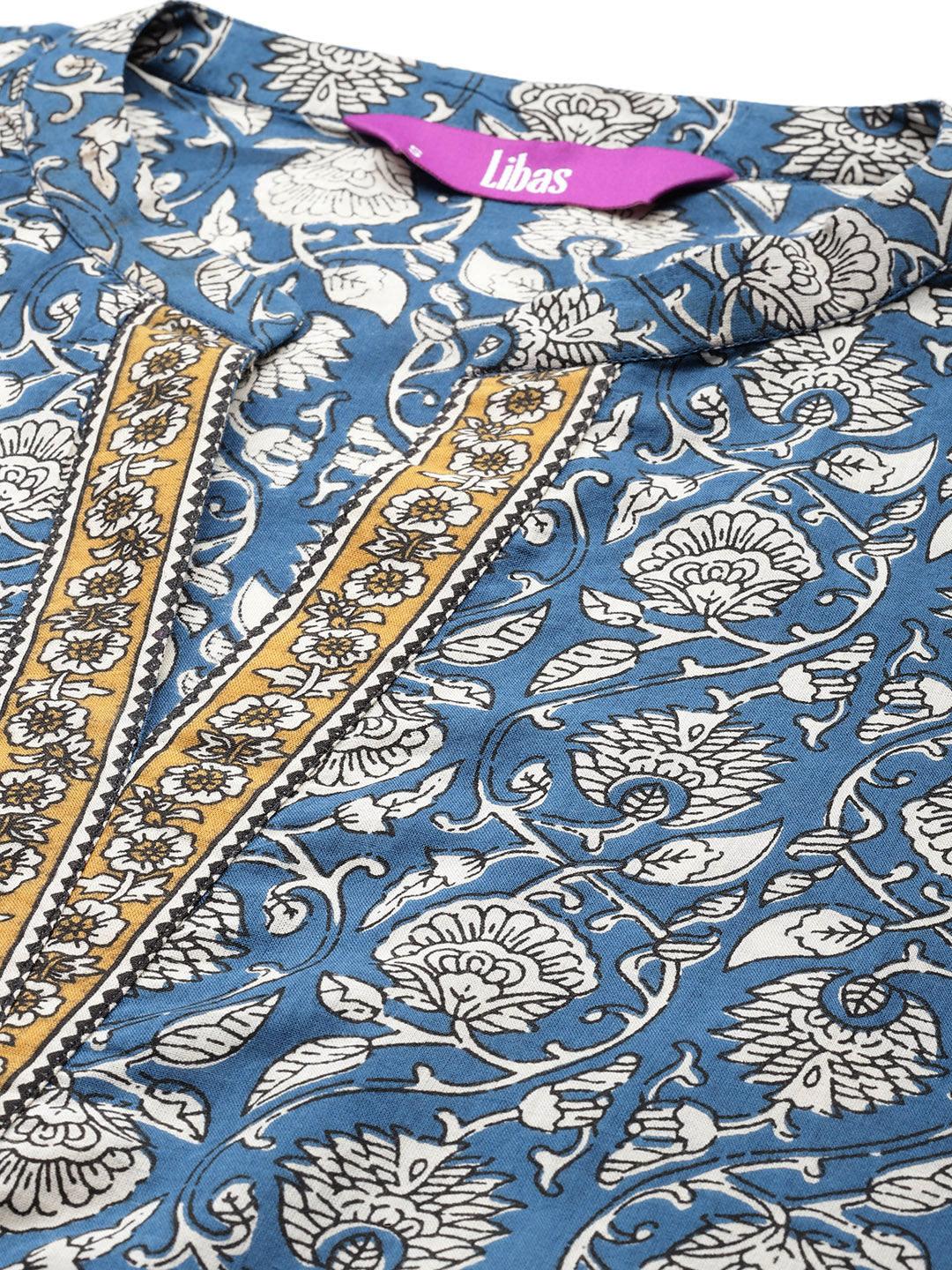 Blue Printed Cotton Straight Suit With Dupatta