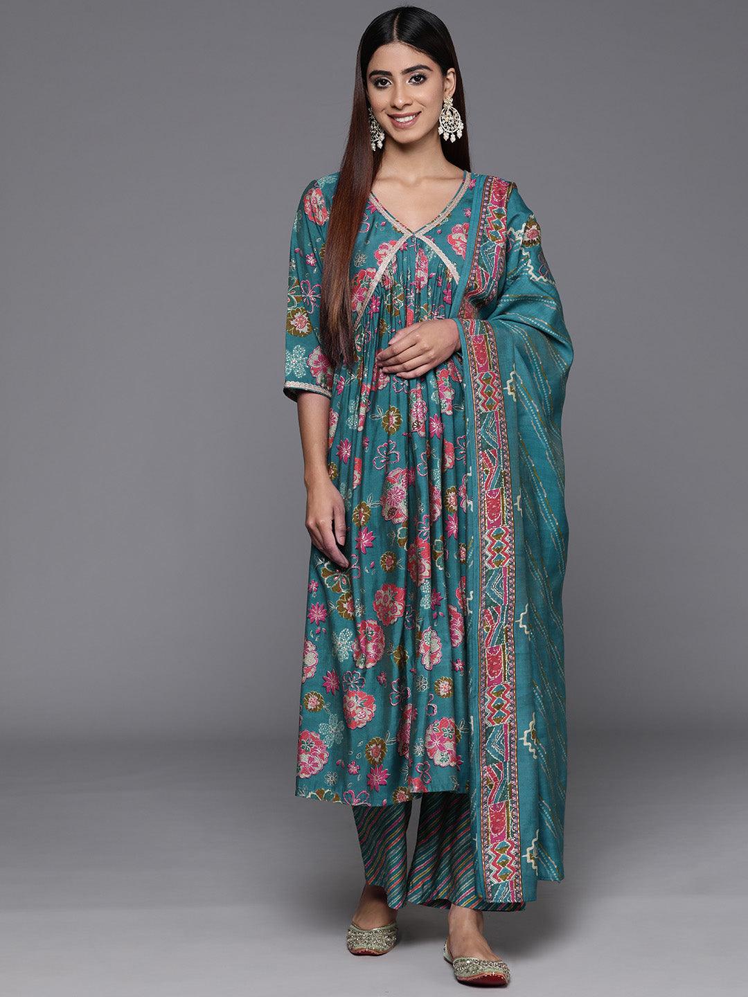 Blue Printed Silk Blend A-Line Kurta With Palazzos & Dupatta