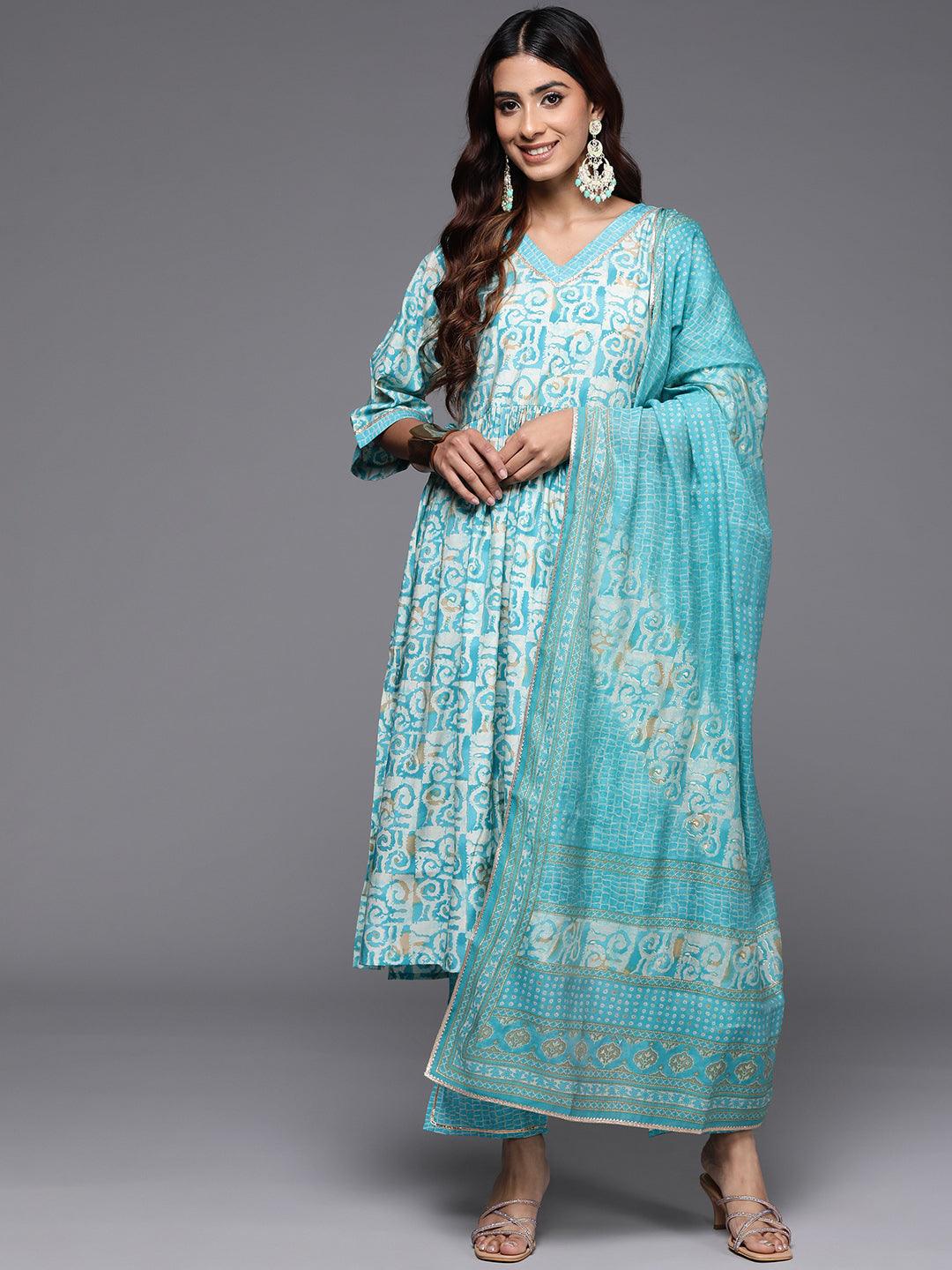 Blue Printed Silk Blend A-Line Kurta With Palazzos & Dupatta - ShopLibas