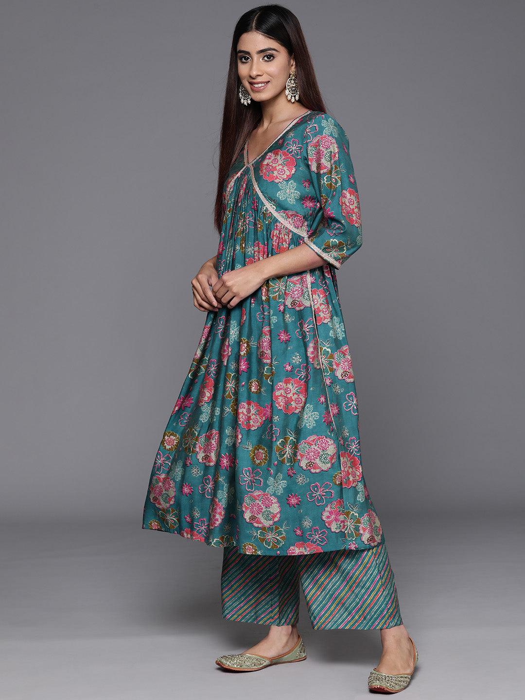 Blue Printed Silk Blend A-Line Kurta With Palazzos & Dupatta