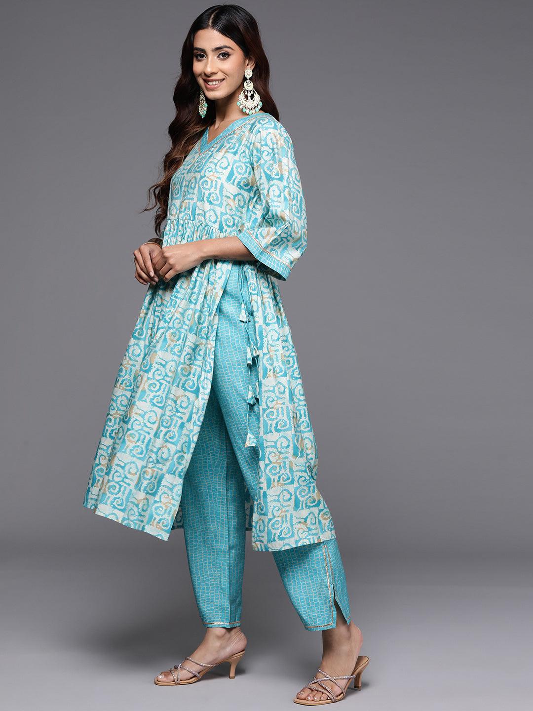 Blue Printed Silk Blend A-Line Kurta With Palazzos & Dupatta