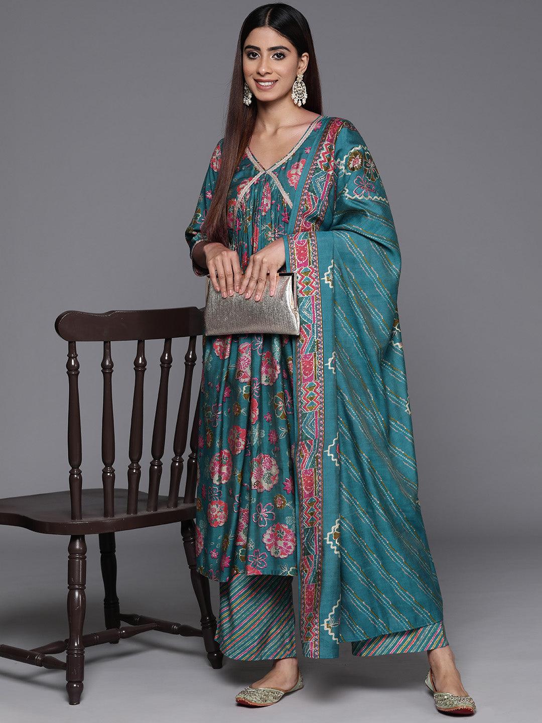 Blue Printed Silk Blend A-Line Kurta With Palazzos & Dupatta