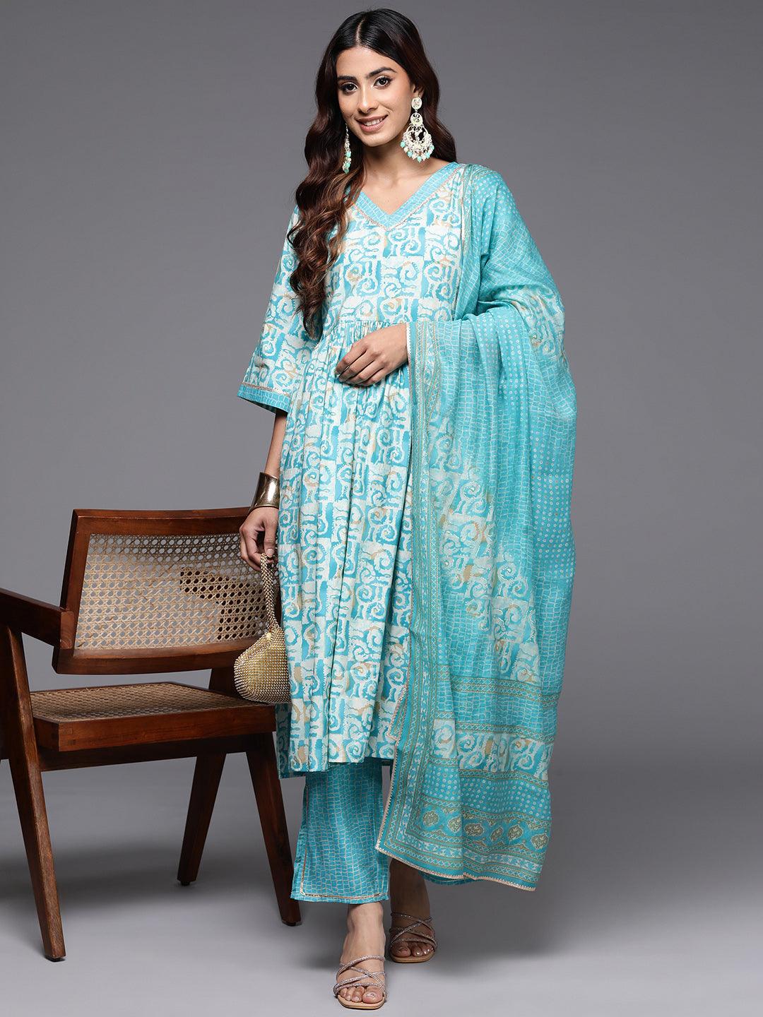 Blue Printed Silk Blend A-Line Kurta With Palazzos & Dupatta