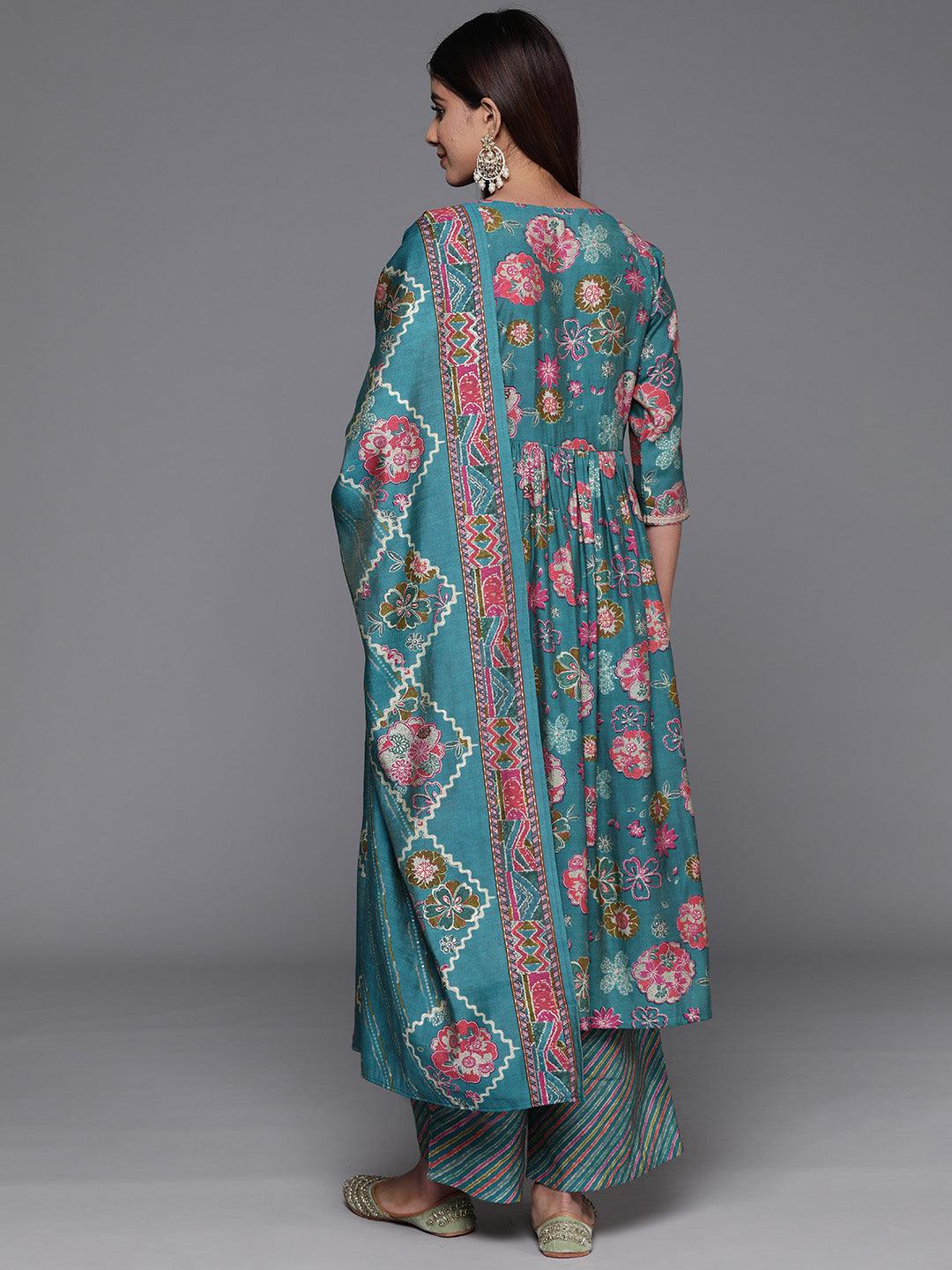 Blue Printed Silk Blend A-Line Kurta With Palazzos & Dupatta