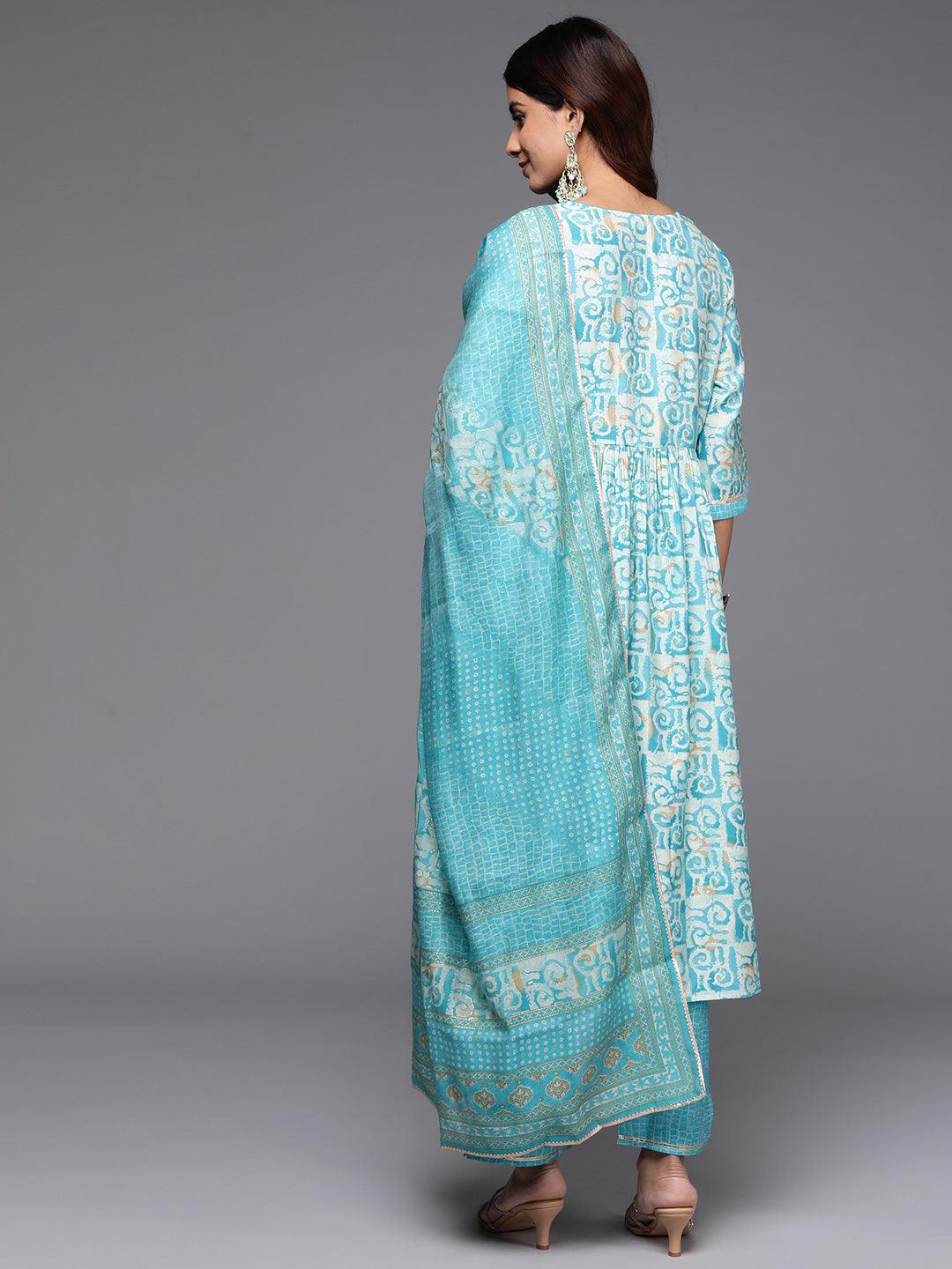 Blue Printed Silk Blend A-Line Kurta With Palazzos & Dupatta