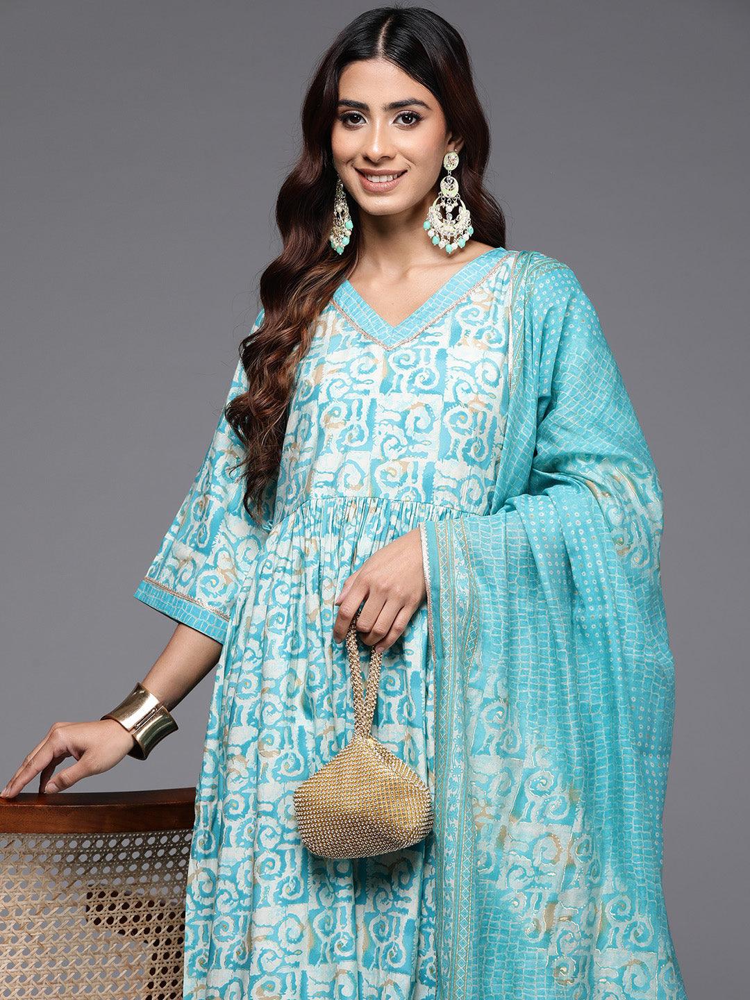 Blue Printed Silk Blend A-Line Kurta With Palazzos & Dupatta