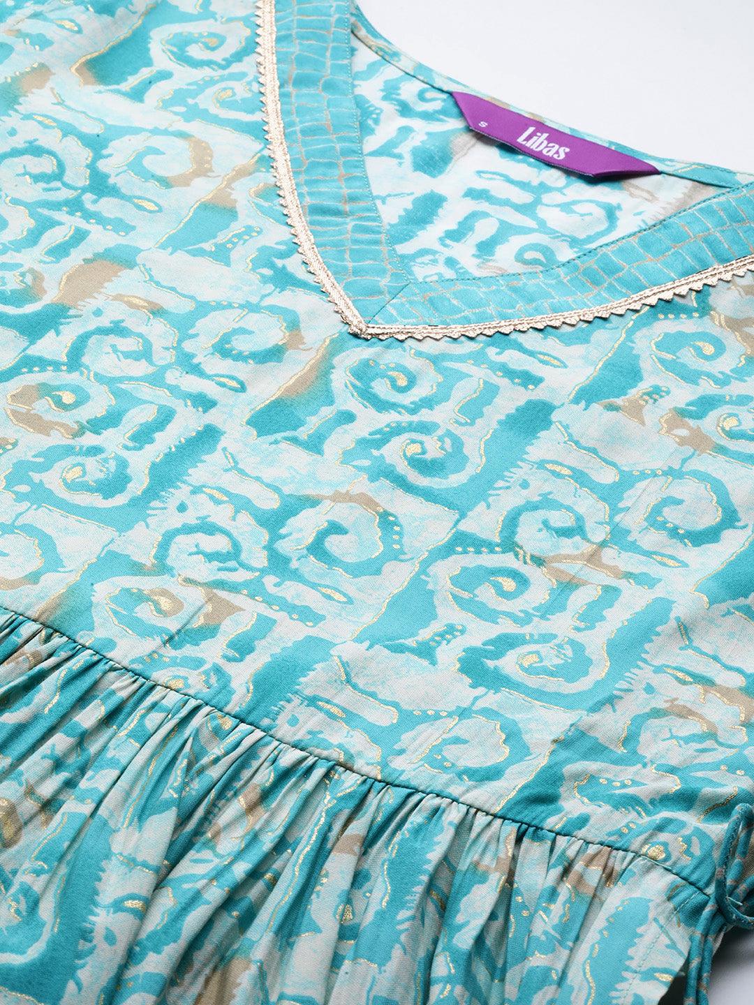 Blue Printed Silk Blend A-Line Kurta With Palazzos & Dupatta